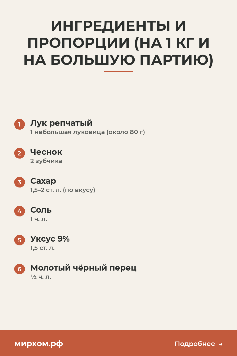 Ингредиенты и пропорции (на 1 кг и на большую партию)