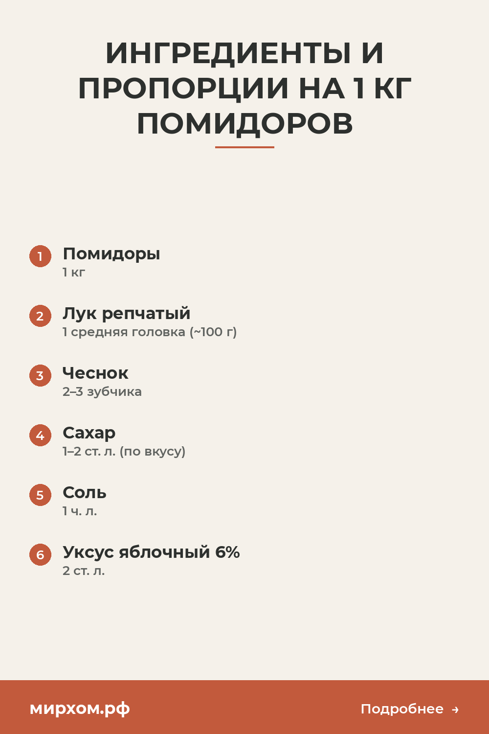 Ингредиенты и пропорции на 1 кг помидоров